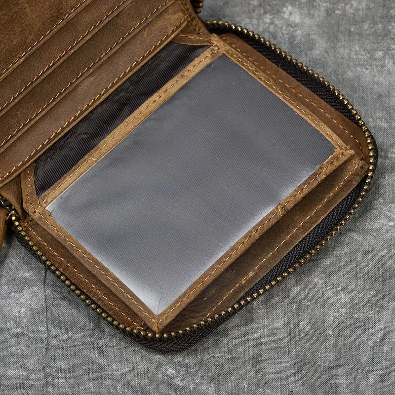 2023 New Short Wallet Men Women Vintage Fashion Card Holder Zipper Coin Purse Crazy Horse Leather Mens Slim Zipper Purse Wallet