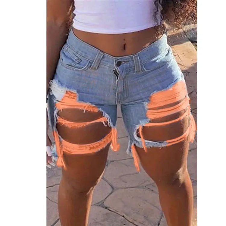 2025 Summer New Women's Ripped Denim Shorts Fashion High Street Sexy Hot Girl Jeans Shorts S-2XL Blue orange