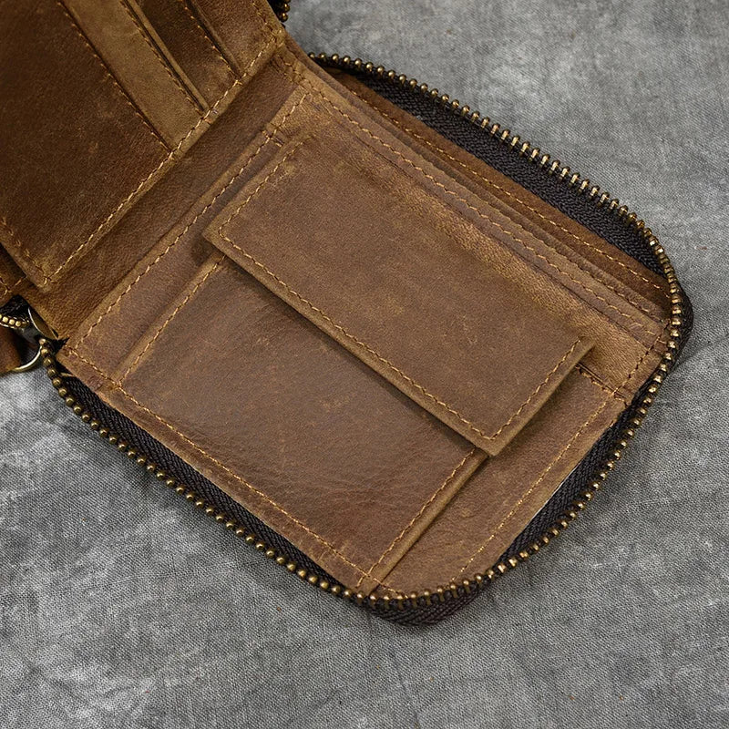 2023 New Short Wallet Men Women Vintage Fashion Card Holder Zipper Coin Purse Crazy Horse Leather Mens Slim Zipper Purse Wallet