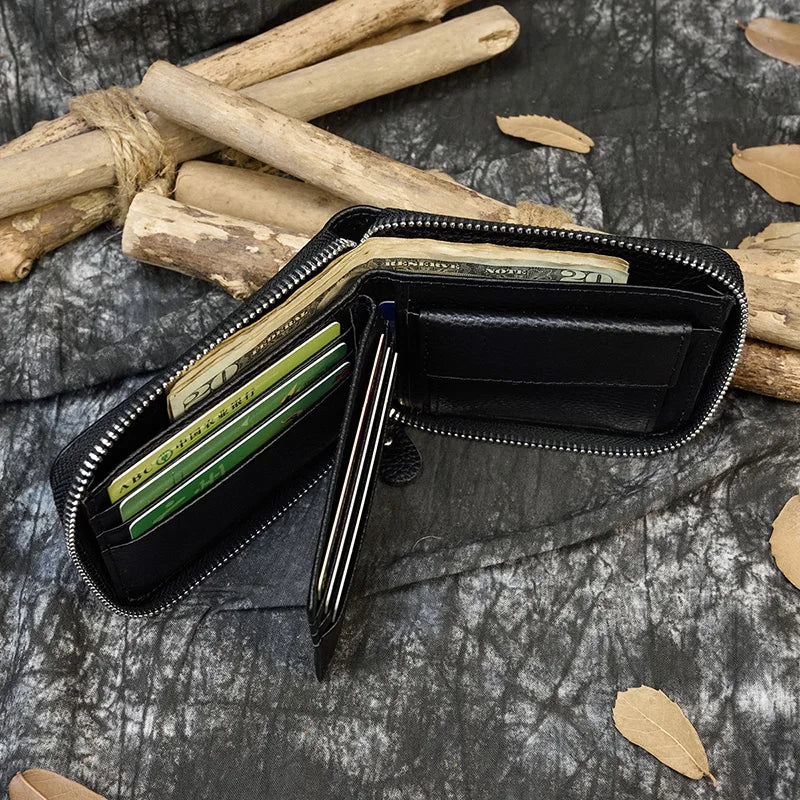 2023 New Short Wallet Men Women Vintage Fashion Card Holder Zipper Coin Purse Crazy Horse Leather Mens Slim Zipper Purse Wallet