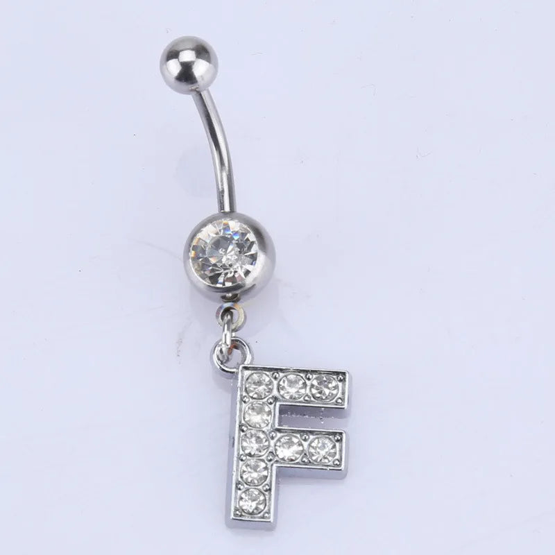 1Pc Letter Belly Button Ring Rhinestone Alphabet Pendant Navel Body Piercing Jewelry Silver Colour Nombril Piercing Gift Women F