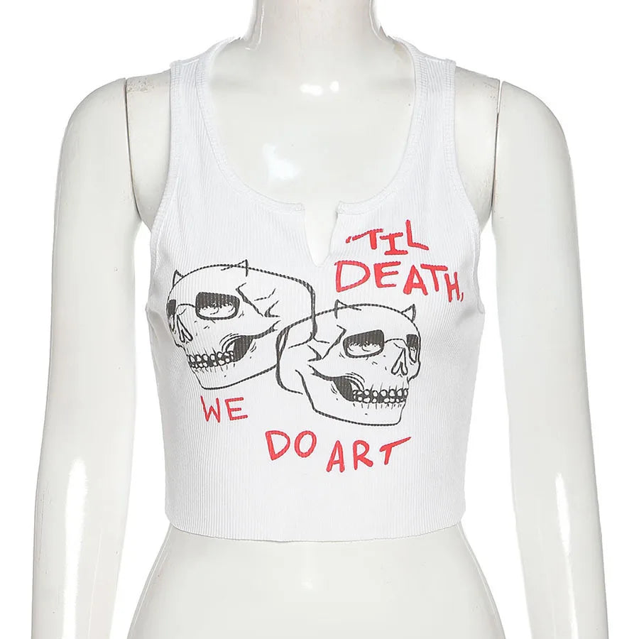 Square Collar Trendy Letter Print With Pin Buckles Tank Tops Women Skull Printed Casual Stretchy Sleeveless Crop Top