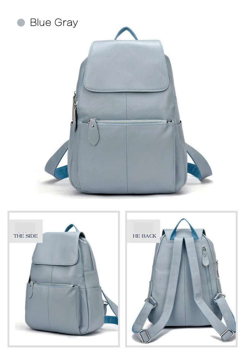 Zency Genuine Leather Women Backpack High Quality Large Capacity Travel Bag Knapsack Schoolbag Shoulder For Ladies Beige Black