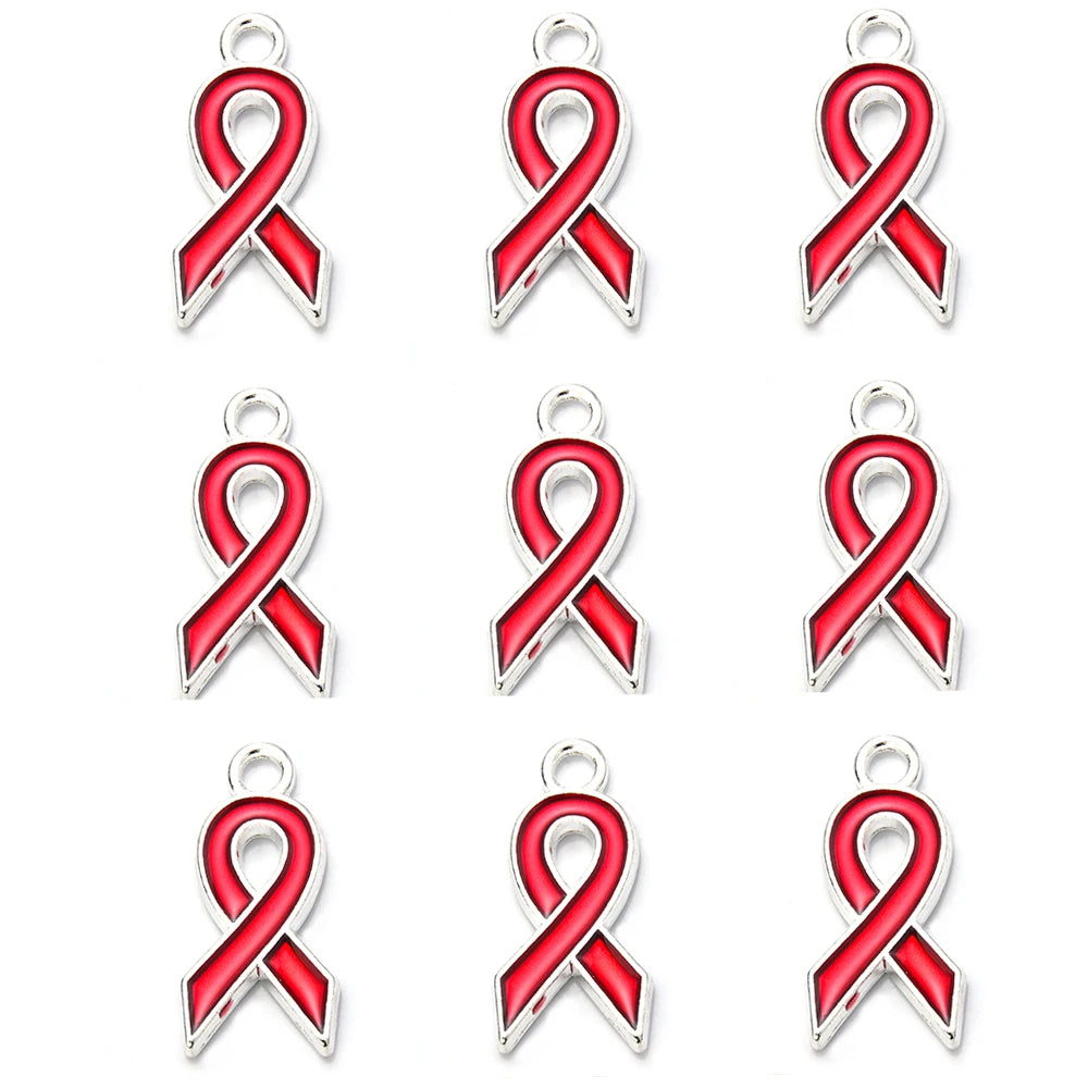 10pcs/lot Breast Cancer Awareness Ribbon Pendant Pink Ribbon Charm Pendants DIY Accessories for Women Jewelry Necklace Bracelet Silver dark red