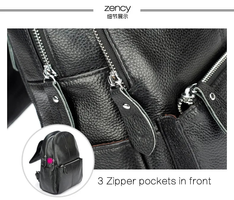 Zency Genuine Leather Women Backpack High Quality Large Capacity Travel Bag Knapsack Schoolbag Shoulder For Ladies Beige Black