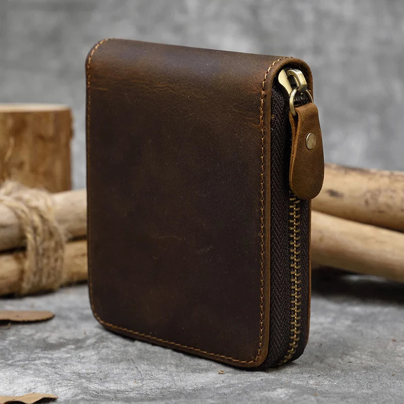 2023 New Short Wallet Men Women Vintage Fashion Card Holder Zipper Coin Purse Crazy Horse Leather Mens Slim Zipper Purse Wallet