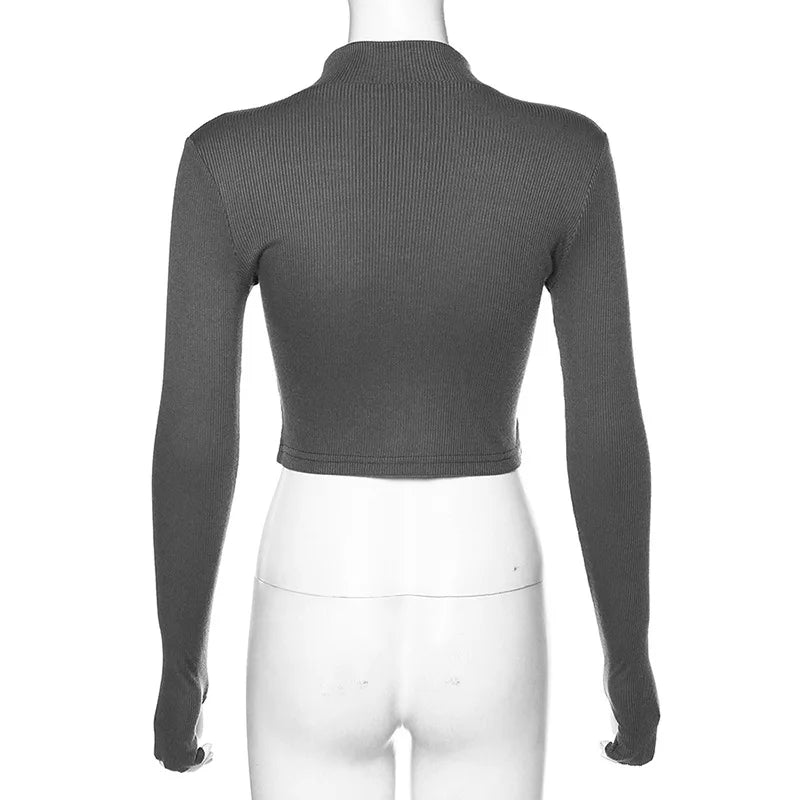 solid color casual T-shirt women long sleeves turtleneck crop tops sexy simple style party club 2022 spring summer new