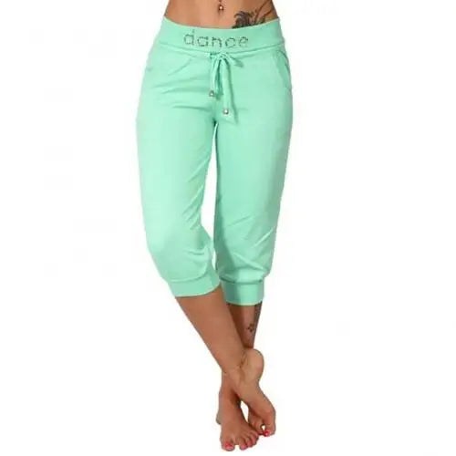 4XL Women Pants Summer Ladies 3/4 Trousers Casual Solid Color Low Rise Drawstring Pockets Sports Pants Shorts For Female Light Green