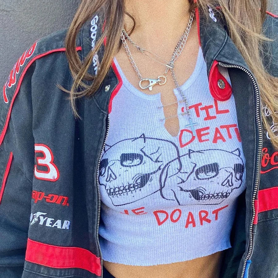 Square Collar Trendy Letter Print With Pin Buckles Tank Tops Women Skull Printed Casual Stretchy Sleeveless Crop Top