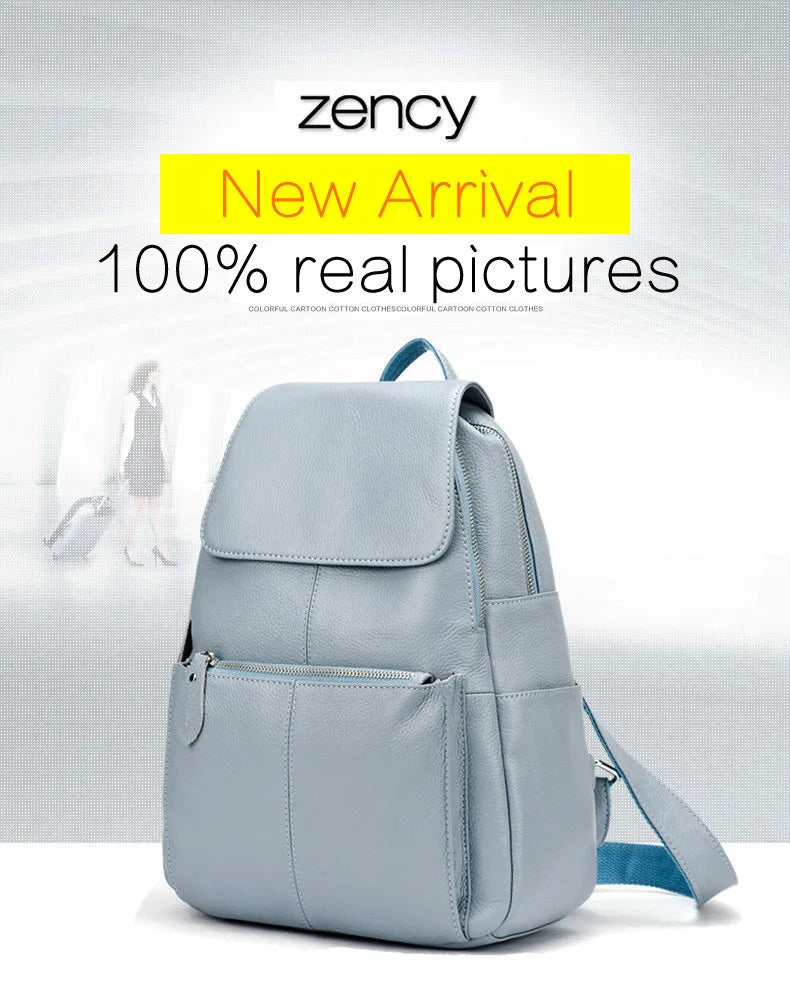 Zency Genuine Leather Women Backpack High Quality Large Capacity Travel Bag Knapsack Schoolbag Shoulder For Ladies Beige Black