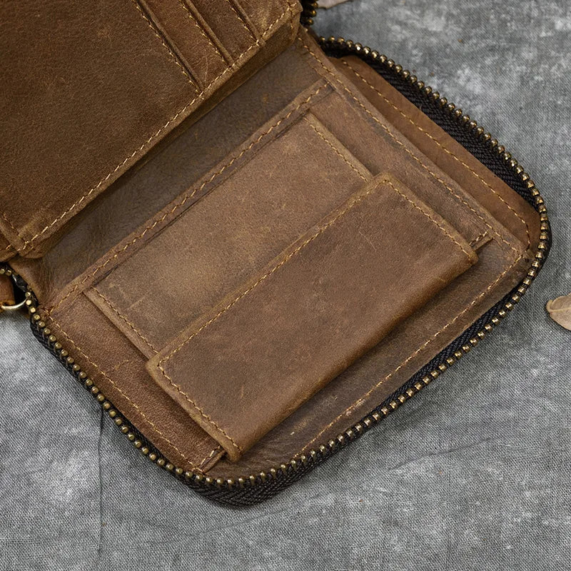 2023 New Short Wallet Men Women Vintage Fashion Card Holder Zipper Coin Purse Crazy Horse Leather Mens Slim Zipper Purse Wallet