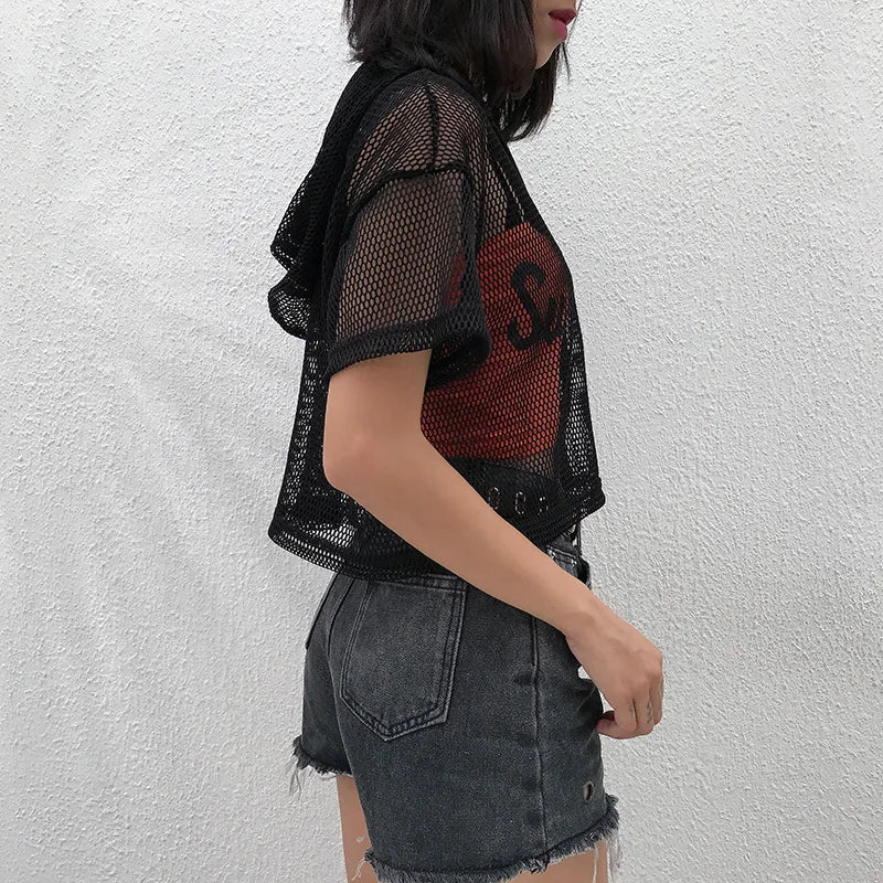 Womens Hollow Mesh Net Hooded T-Shirt Short Sleeve Tee Tops Transparent Black Swxy Clubwear Party