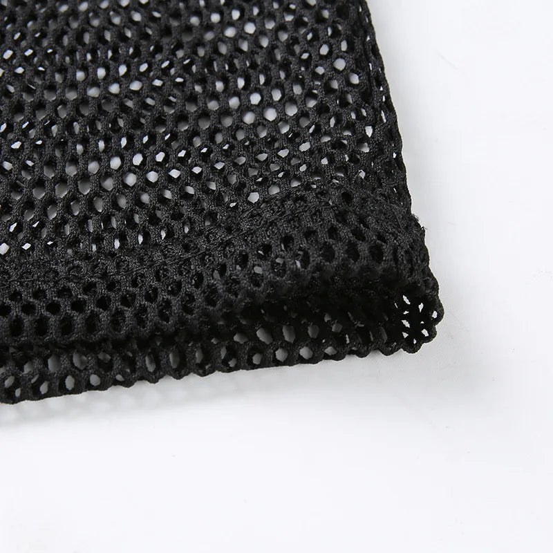 Womens Hollow Mesh Net Hooded T-Shirt Short Sleeve Tee Tops Transparent Black Swxy Clubwear Party