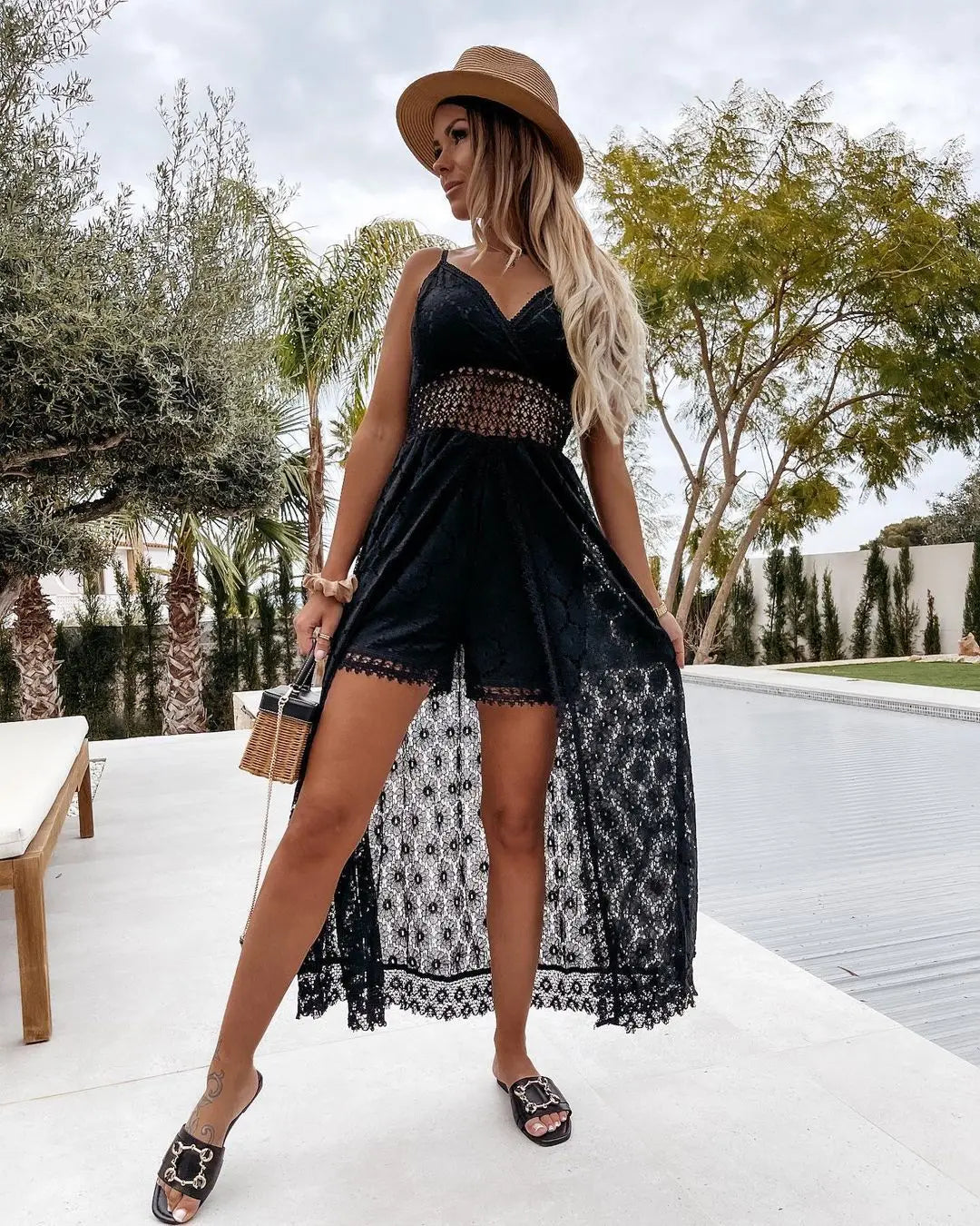 Summer V Neck Solid Color Lace Hollow-Out Sleeveless Sling Party Wear High Waist Rompers Holiday Casual White Women's Jumpsuit black