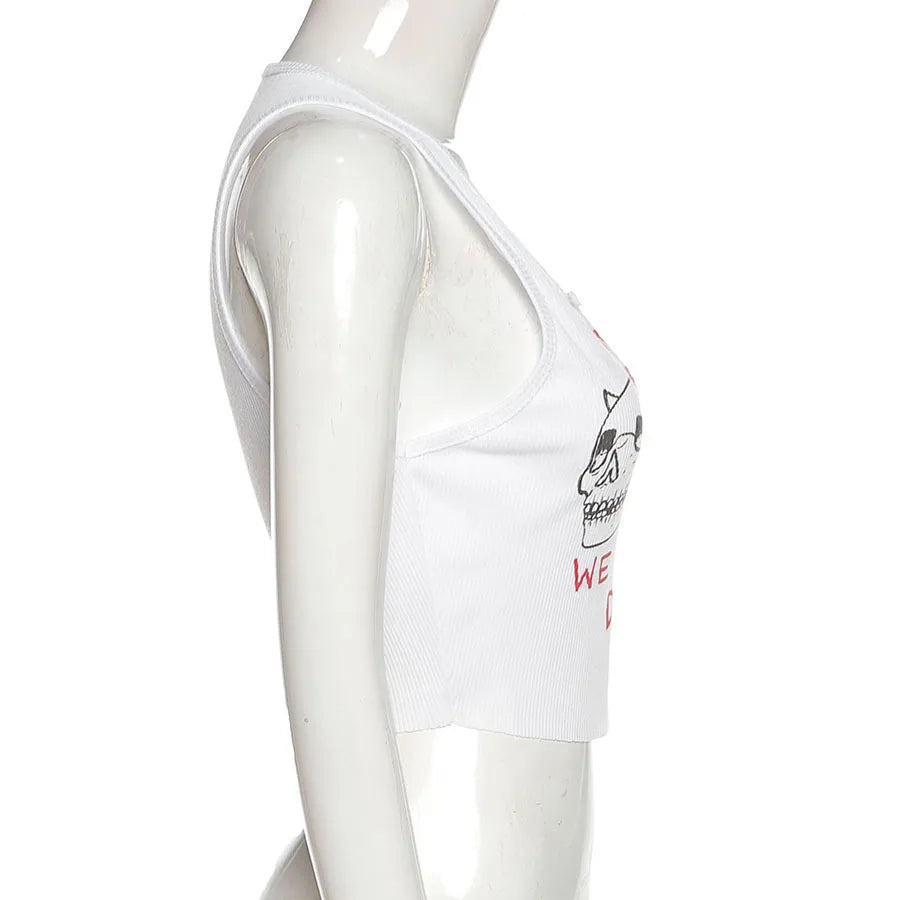 Square Collar Trendy Letter Print With Pin Buckles Tank Tops Women Skull Printed Casual Stretchy Sleeveless Crop Top