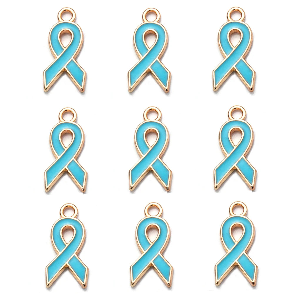 10pcs/lot Breast Cancer Awareness Ribbon Pendant Pink Ribbon Charm Pendants DIY Accessories for Women Jewelry Necklace Bracelet Gold light blue