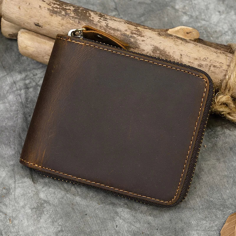 2023 New Short Wallet Men Women Vintage Fashion Card Holder Zipper Coin Purse Crazy Horse Leather Mens Slim Zipper Purse Wallet