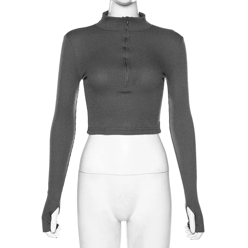 solid color casual T-shirt women long sleeves turtleneck crop tops sexy simple style party club 2022 spring summer new