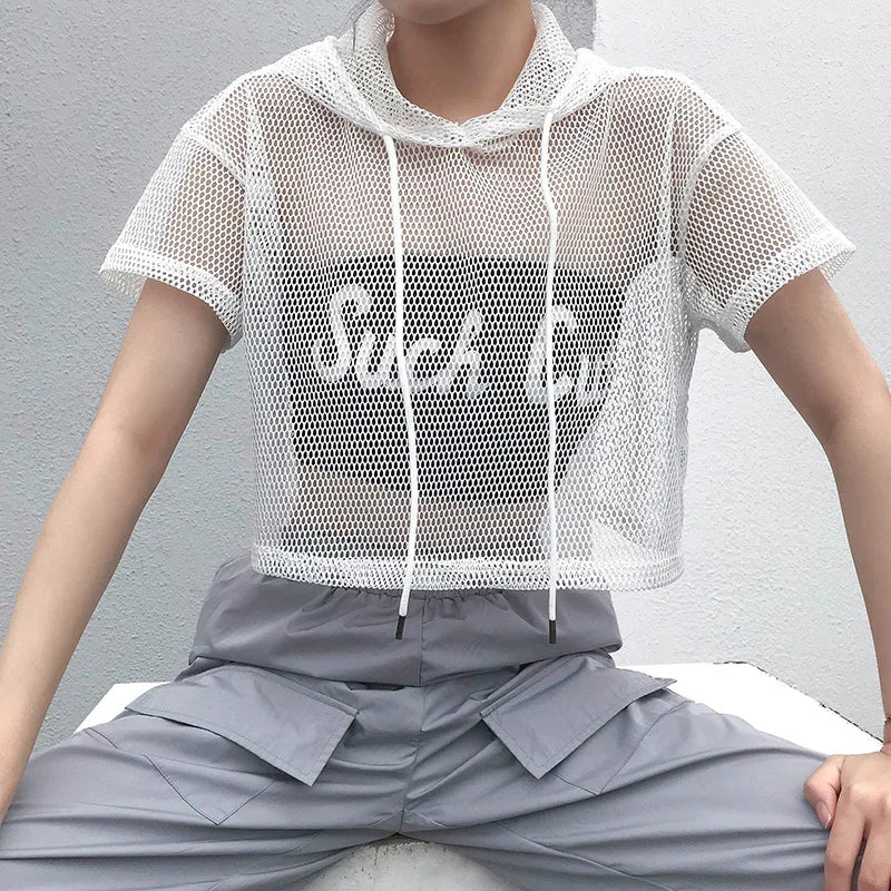Womens Hollow Mesh Net Hooded T-Shirt Short Sleeve Tee Tops Transparent Black Swxy Clubwear Party