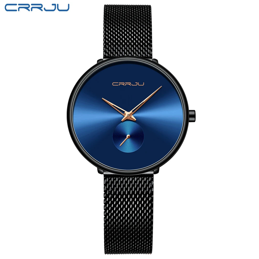 CRRJU 2165 Beautiful Design Watches Women Fashion Casual Steel Mesh Wristwatch Ladies Watch Female Clock Women's Quartz Watch Black blue