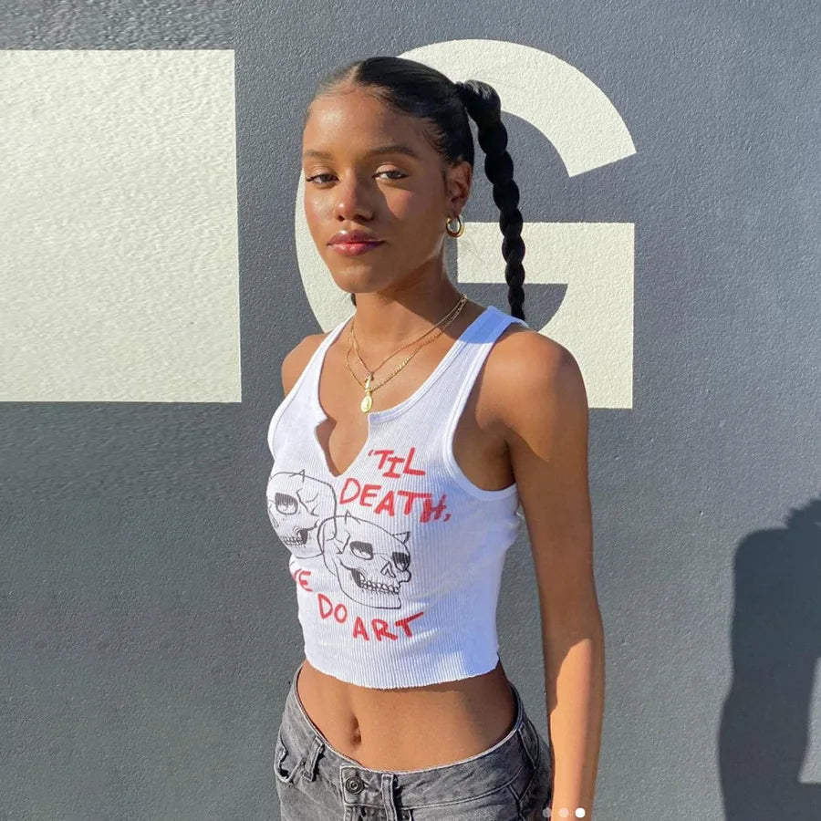 Square Collar Trendy Letter Print With Pin Buckles Tank Tops Women Skull Printed Casual Stretchy Sleeveless Crop Top