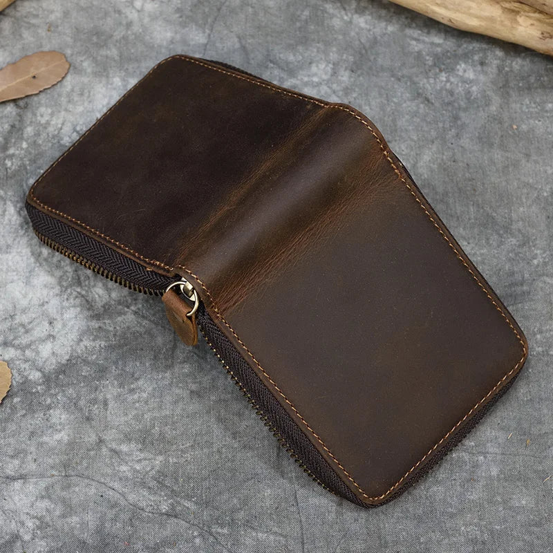 2023 New Short Wallet Men Women Vintage Fashion Card Holder Zipper Coin Purse Crazy Horse Leather Mens Slim Zipper Purse Wallet