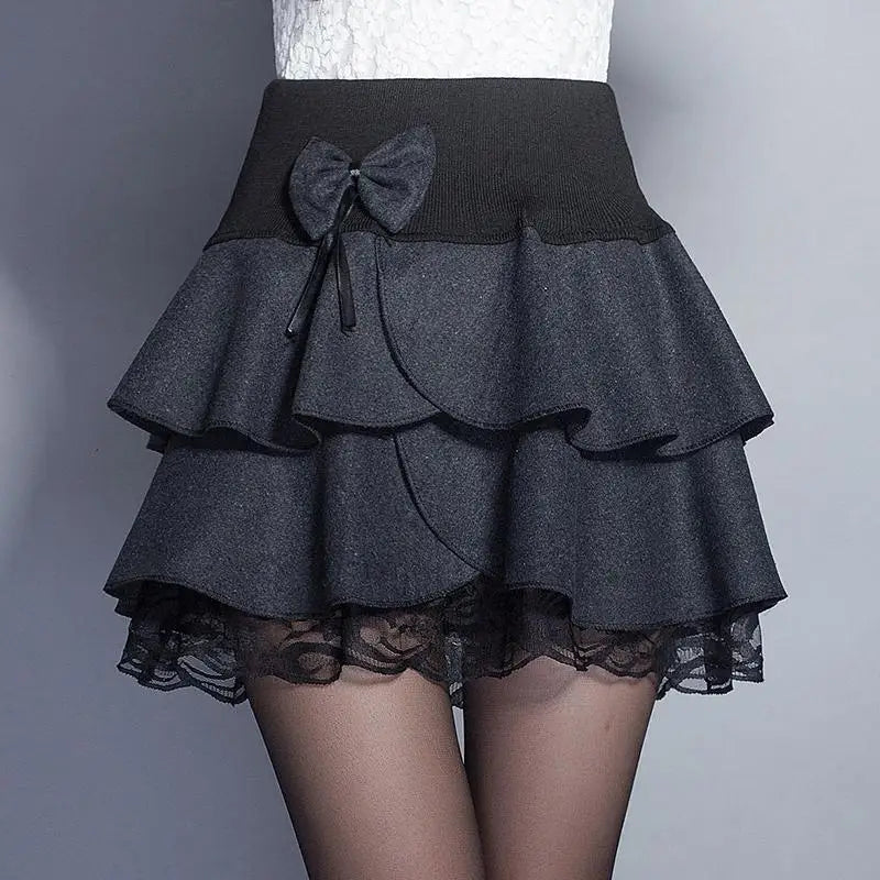 Zuolunouba Summer Slim Preppy Skirt Women Flower Bow Mini Tutu Style Elasticity Lace Skirts Shorts Lady High Waist Student Gray