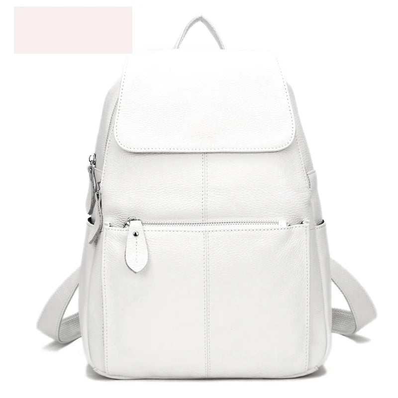 Zency Genuine Leather Women Backpack High Quality Large Capacity Travel Bag Knapsack Schoolbag Shoulder For Ladies Beige Black Pure White