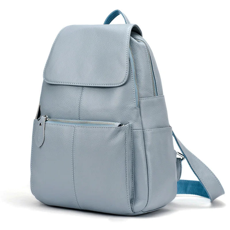 Zency Genuine Leather Women Backpack High Quality Large Capacity Travel Bag Knapsack Schoolbag Shoulder For Ladies Beige Black Blue Gray