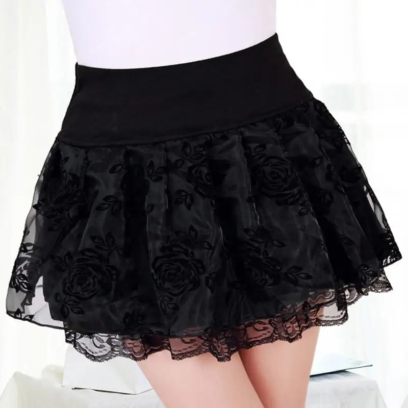 Zuolunouba Summer Slim Preppy Skirt Women Flower Bow Mini Tutu Style Elasticity Lace Skirts Shorts Lady High Waist Student Lace