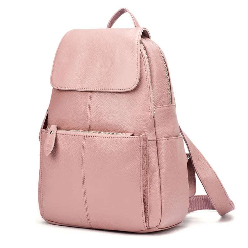 Zency Genuine Leather Women Backpack High Quality Large Capacity Travel Bag Knapsack Schoolbag Shoulder For Ladies Beige Black Purple Pink