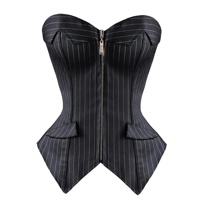 Sapubonva Sexy Black Striped Overbust Corset Office Lady Corselet Sexy Women Zip Corset Bustier Strapless Tops Costume Fashion Badiee Stylez