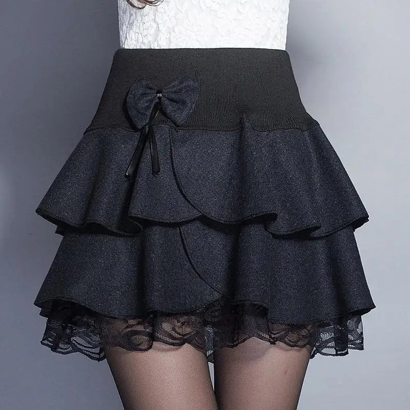 Zuolunouba Summer Slim Preppy Skirt Women Flower Bow Mini Tutu Style Elasticity Lace Skirts Shorts Lady High Waist Student Black