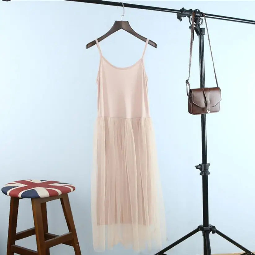 Spring and summer new Sexy Spaghetti Strap Patchwork Mesh Dress Women Gauze Lace Tank Casual Dresses Sundress Party Vestidos Pink One Size