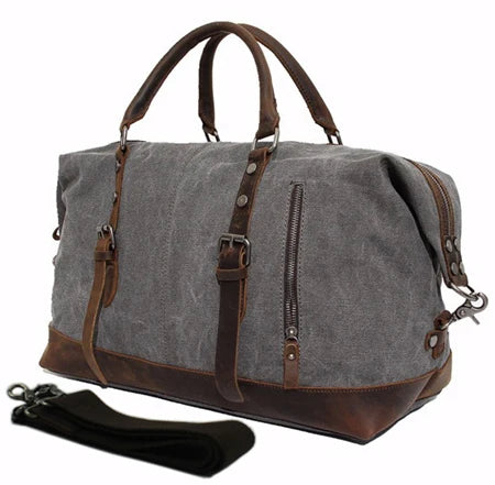 Vintage military Canvas Leather men travel bags Carry on Luggage bags Men Duffel bags travel tote large weekend Bag Overnight Dark Grey