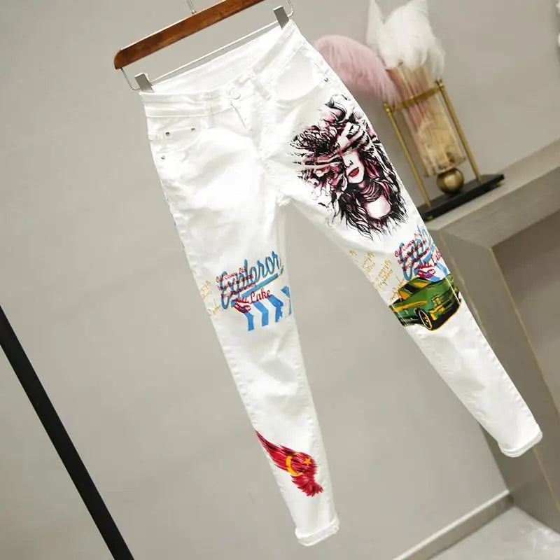 2021 New Autumn Women Jeans Cartoon Graffiti Print Pencil Pants High Waist Stretched Jeans Casual Ankle-length Pants Trousers White 2