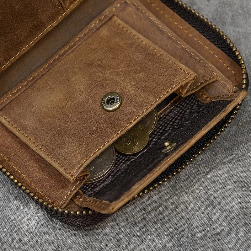 2023 New Short Wallet Men Women Vintage Fashion Card Holder Zipper Coin Purse Crazy Horse Leather Mens Slim Zipper Purse Wallet