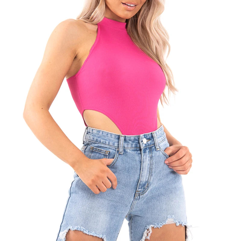 2021 Sexy Women Halter Bodysuits High Cut Bodycon Leotard Tops Summer Fashion Female Solid Sleeveless Bodysuits Bottomed Tops D