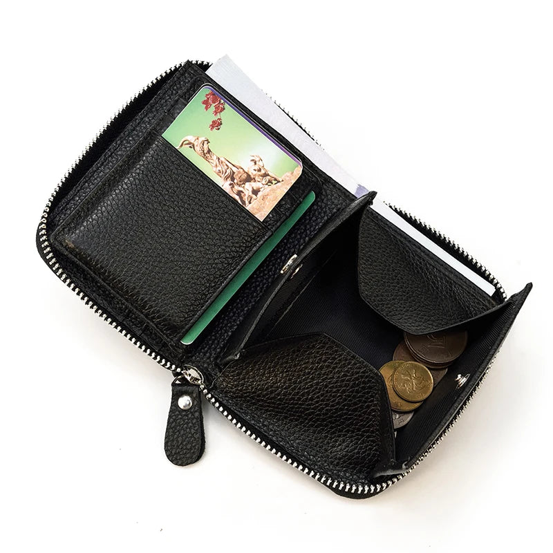2023 New Short Wallet Men Women Vintage Fashion Card Holder Zipper Coin Purse Crazy Horse Leather Mens Slim Zipper Purse Wallet 2428 Black