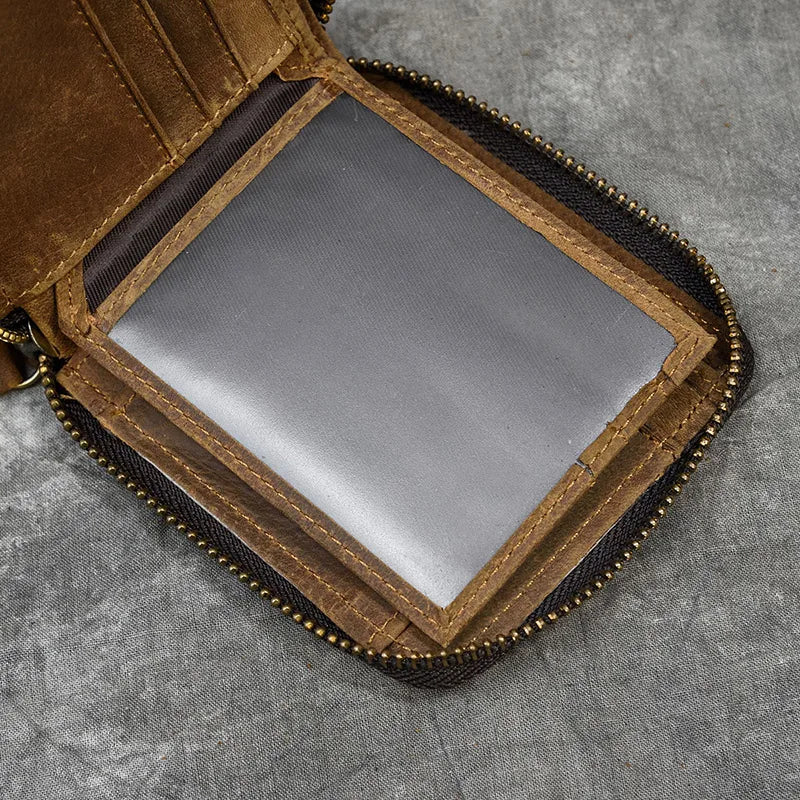 2023 New Short Wallet Men Women Vintage Fashion Card Holder Zipper Coin Purse Crazy Horse Leather Mens Slim Zipper Purse Wallet