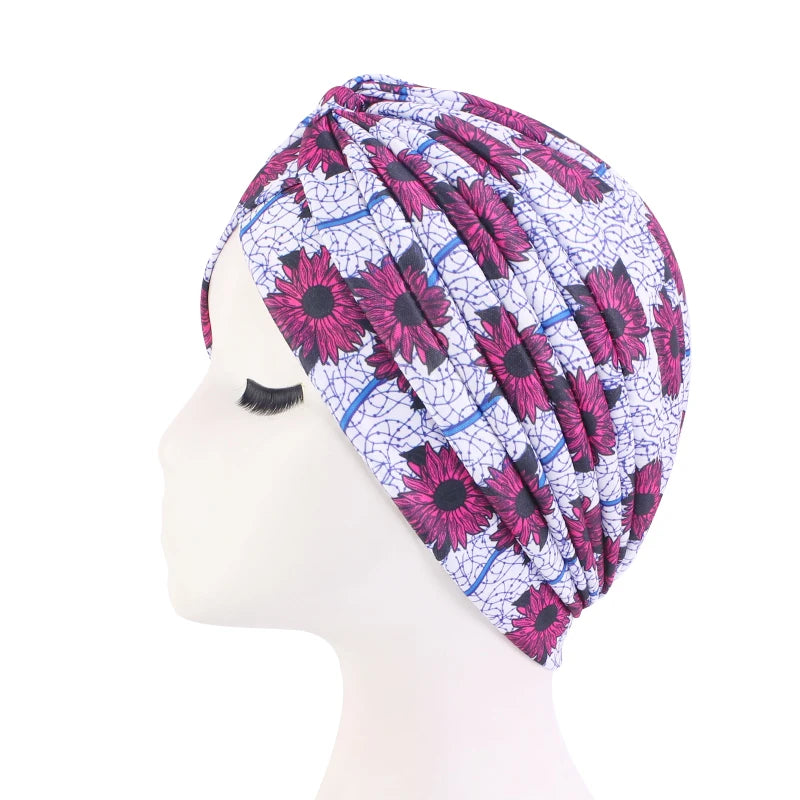 New Women Print Flower Knot Cancer Ruffle Chemo Hat Beanie scarf Turban Head Wrap Knitted Cap Hair Loss Accessories White One Size