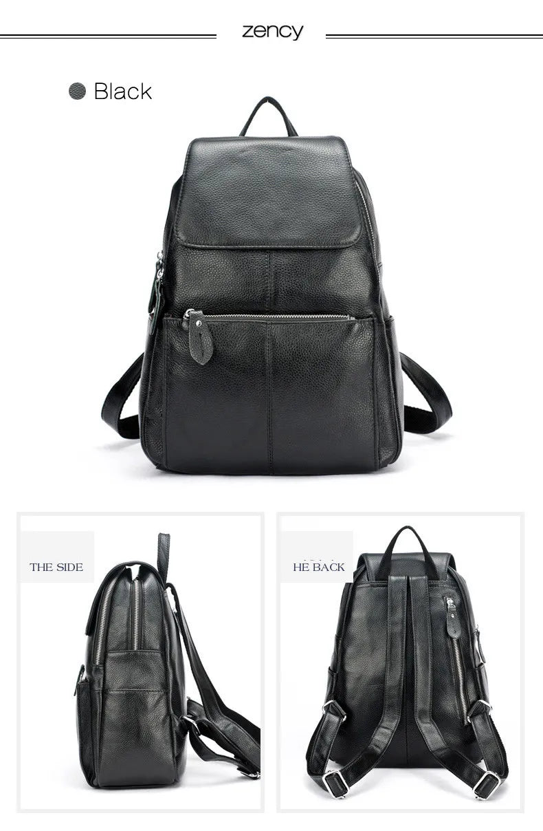 Zency Genuine Leather Women Backpack High Quality Large Capacity Travel Bag Knapsack Schoolbag Shoulder For Ladies Beige Black