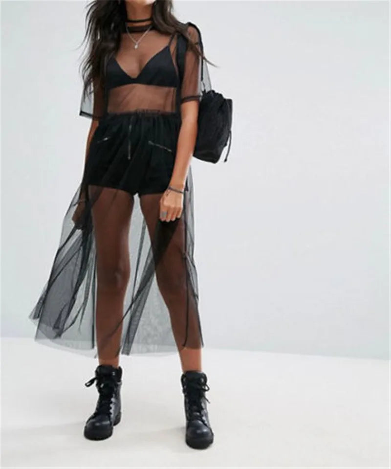 2018 Sexy T Shirt Women Black Gauze Mesh Sheer Tops Sheer Long Shirts Casual Loose T-Shirts Transparent Long Short Sleeve Tops black