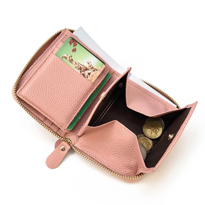 2023 New Short Wallet Men Women Vintage Fashion Card Holder Zipper Coin Purse Crazy Horse Leather Mens Slim Zipper Purse Wallet 2428 Pink