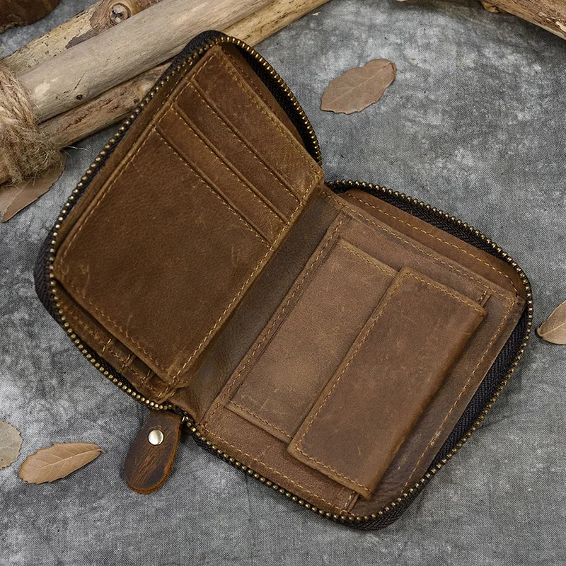 2023 New Short Wallet Men Women Vintage Fashion Card Holder Zipper Coin Purse Crazy Horse Leather Mens Slim Zipper Purse Wallet