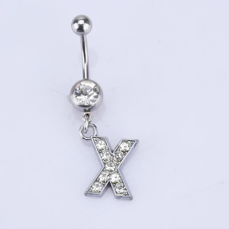1Pc Letter Belly Button Ring Rhinestone Alphabet Pendant Navel Body Piercing Jewelry Silver Colour Nombril Piercing Gift Women X