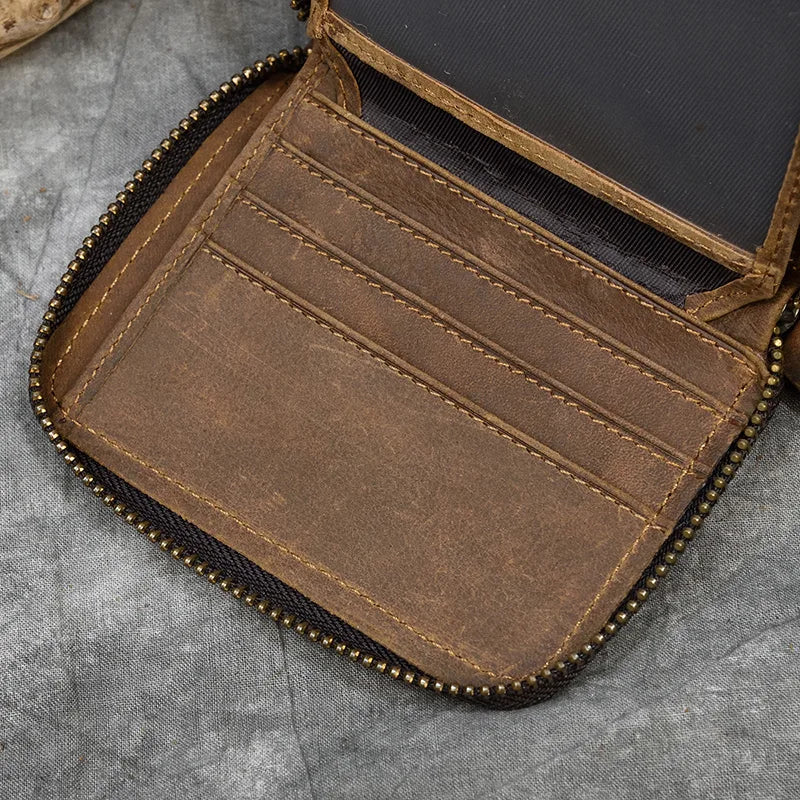 2023 New Short Wallet Men Women Vintage Fashion Card Holder Zipper Coin Purse Crazy Horse Leather Mens Slim Zipper Purse Wallet