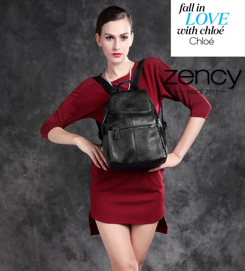 Zency Genuine Leather Women Backpack High Quality Large Capacity Travel Bag Knapsack Schoolbag Shoulder For Ladies Beige Black