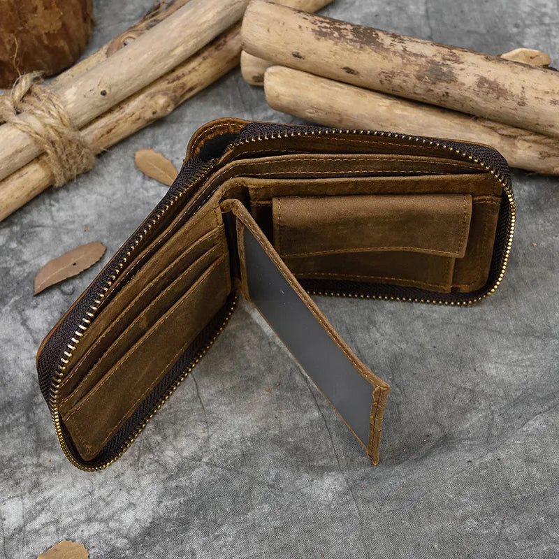 2023 New Short Wallet Men Women Vintage Fashion Card Holder Zipper Coin Purse Crazy Horse Leather Mens Slim Zipper Purse Wallet