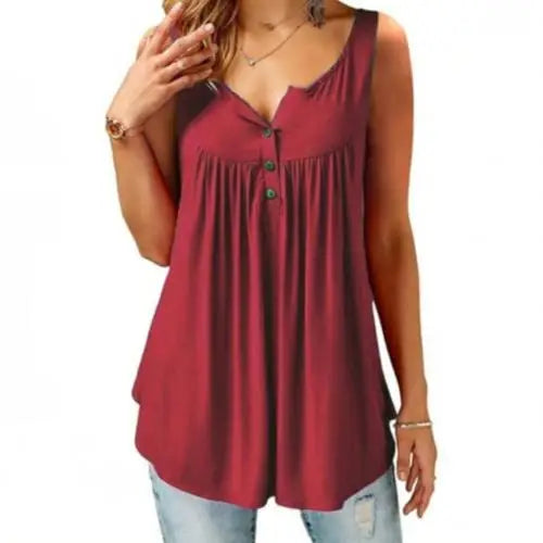 Hot Women Tank Top Loose Solid U Neck Female Camisole Sleeveless Pleated Tank Top Ladies Button 2020 summer women Loose Vest Red